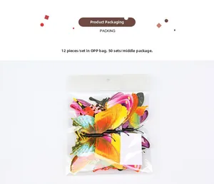Detail view of 12-piece 3D butterfly wall stickers set in transparent OPP bag packaging