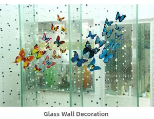Detailed view of colorful 3D PVC butterflies applied on a glass partition wall