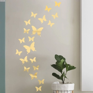 3D mirror gold butterfly wall stickers set for modern living room and bedroom home decor