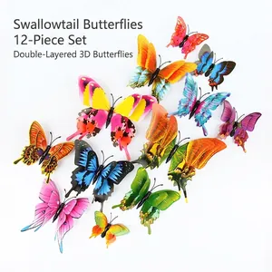 Set of 12 3D double-layer swallowtail butterfly wall stickers in colorful waterproof PVC