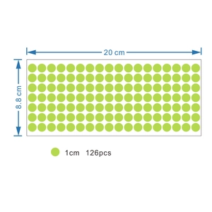 Detailed size chart for 126pcs green glow stickers with 1cm dot diameter dimensions