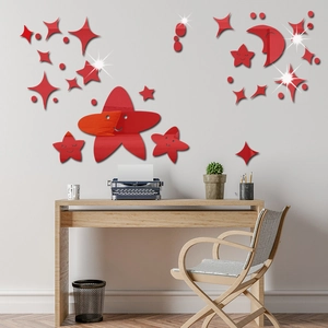 Detail of red acrylic mirror wall stickers featuring stars and moon for home decor