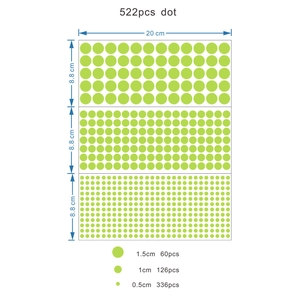 Detailed chart showing 522pcs glow in the dark dot stickers in three different sizes