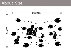 Detailed dimension chart showing 100cm by 50cm size of 3D acrylic fish wall stickers