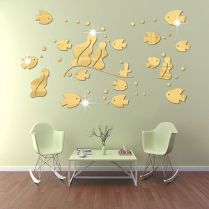 3D golden acrylic mirror wall stickers featuring underwater fish and seaweed decor