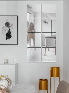 Modern square acrylic mirror wall stickers in a 2x4 grid layout for home decor