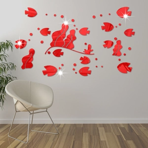 Modern 3D red acrylic mirror wall stickers featuring tropical fish and seaweed decor