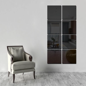 Detailed set of 8 square acrylic mirror wall stickers arranged in a 2x4 grid on a white wall