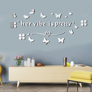 Modern silver acrylic mirror wall stickers featuring butterfly and her vibe is pretty quote