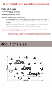 Size chart and dimensions for acrylic mirror wall stickers with love and butterfly motifs