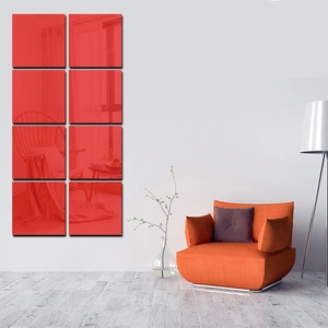 Set of 8 red square acrylic mirror wall stickers in a modern home interior wall decoration