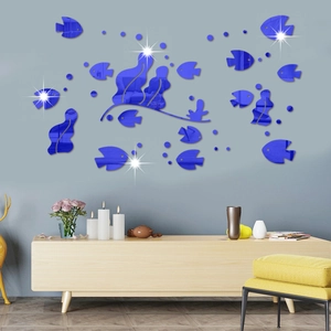 Blue acrylic mirror wall stickers with cat and fish silhouettes for home decor