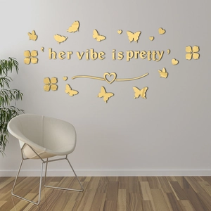 Detail of Her Vibe is Pretty 3D gold mirror acrylic wall stickers with butterflies