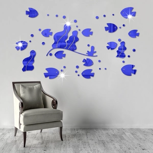3D acrylic mirror wall stickers featuring blue sea fish and bubbles for home decoration