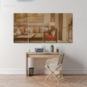 Detailed view of 8-piece square acrylic mirror wall stickers in a modern living room setting