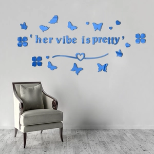 Her Vibe is Pretty acrylic mirror wall stickers with blue butterflies and flower decor