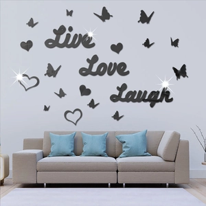 Black acrylic wall stickers with Live Love Laugh lettering, butterflies and hearts