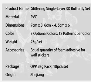 Specifiche tecniche per il set di 18 adesivi murali a farfalla 3D in materiale PVC