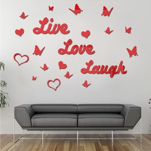 Modern red acrylic wall stickers featuring Live Love Laugh text with butterfly heart accents