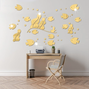 3D gold mirror fish wall stickers set with seaweed and bubbles for home decor