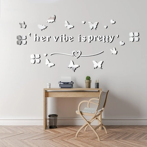 Modern silver acrylic mirror wall stickers with butterflies and Her Vibe Is Pretty text