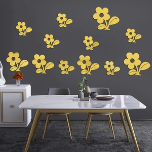 Modern gold acrylic mirror flower wall stickers set for living room home decoration