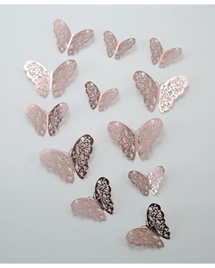 Detailed view of 12 rose gold 3D laser-cut butterfly wall stickers with hollow patterns