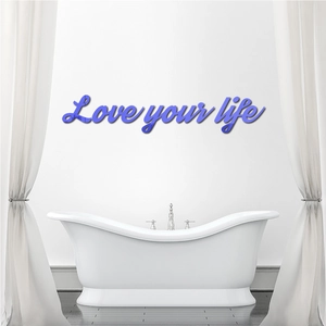 Detail of Love your life acrylic wall sticker with blue and purple gradient in bathroom