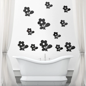 Detail of 3D black acrylic sunflower wall stickers in a modern white bathroom decor