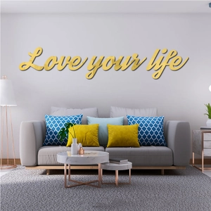 3D golden mirror acrylic wall decor featuring Love your life cursive lettering for living room