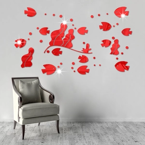 3D red acrylic mirror wall stickers featuring fish and seaweed patterns for home decor