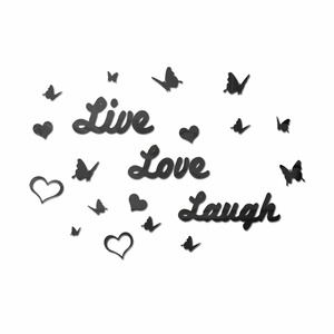 Detailed view of black 3D acrylic wall stickers featuring Live Love Laugh with butterflies