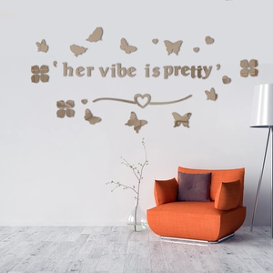 Champagne gold acrylic 3D mirror wall art with Her Vibe is Pretty text and butterflies