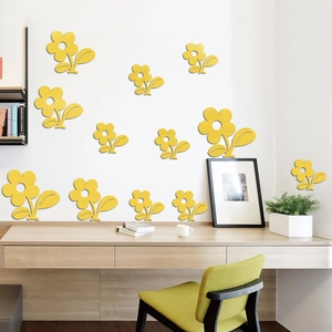 Detailed view of yellow sunflower acrylic mirror wall stickers in a bright home decor scene