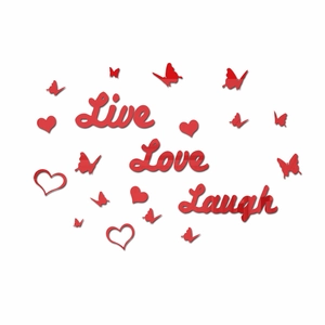 Detailed macro view of 3D red acrylic mirror wall stickers featuring Love heart and butterfly