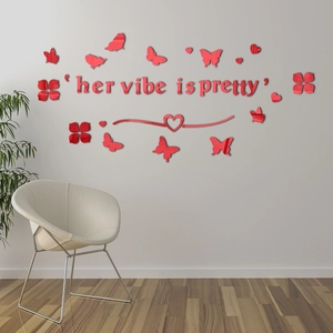 Red acrylic mirror wall stickers with butterflies and Her Vibe is Pretty text for home decor