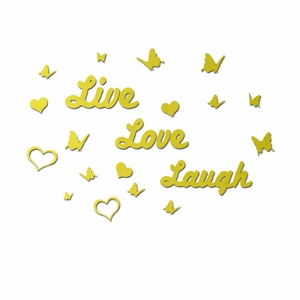 3D acrylic wall stickers with Live Love Laugh letters, butterflies and hearts in gold yellow