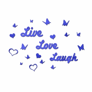 Blue 3D acrylic mirror wall stickers featuring Live Love Laugh with butterfly and heart icons