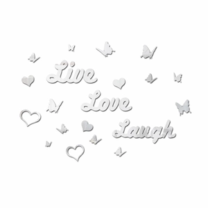 3D acrylic mirror wall stickers featuring Live Love Laugh text with butterfly and heart decor