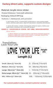 Size chart for Love Your Life acrylic mirror wall stickers with detailed dimensions