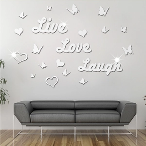 3D Mirror Acrylic Wall Stickers Live Love Laugh English Lettering With Butterflies And Hearts Modern Home Decor Ornament