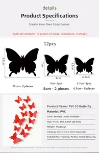 Tableau des tailles pour 12 stickers muraux papillons 3D en PVC de tailles variées