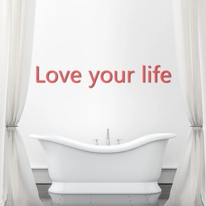 Detailed view of 3D acrylic mirror wall stickers with Love your life quote in coral pink