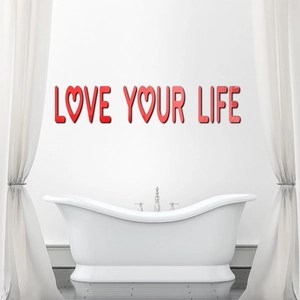 3D red acrylic mirror wall sticker with Love Your Life text and heart design