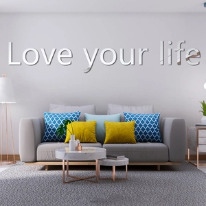 Detailed mirror effect of Love Your Life silver acrylic 3D wall stickers in a modern living room
