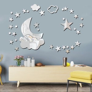 Pegatina de Pared de Espejo Acrílico 3D Luna Estrellas Nube Calcomanía de DIY Extraíble para Sala de Estar Dormitorio Decoración