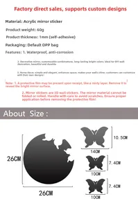 Detailed dimension guide for butterfly acrylic mirror wall stickers with size markings