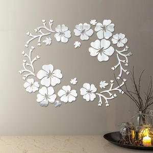 Detailed view of DIY 3D acrylic mirror wall stickers with hibiscus flower and vine design