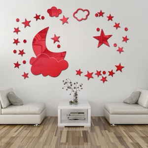 Pegatinas de pared espejo de luna y estrellas en acrílico rojo para decorar habitación