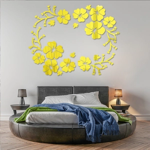 Yellow hibiscus acrylic mirror wall stickers set with floral vine home decor